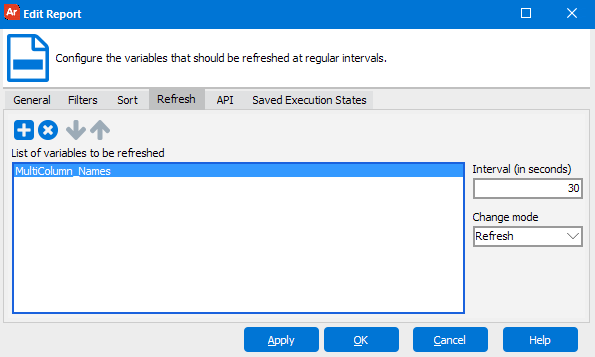 This image shows the Edit Report dialog with the Refresh tab selected. One of the existing variables is entered into the List of variables to be refreshed field.